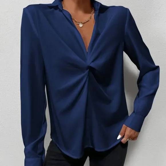 New Women Solid Twist Front Blouse Gold Navy Blue - Picture 5 of 6